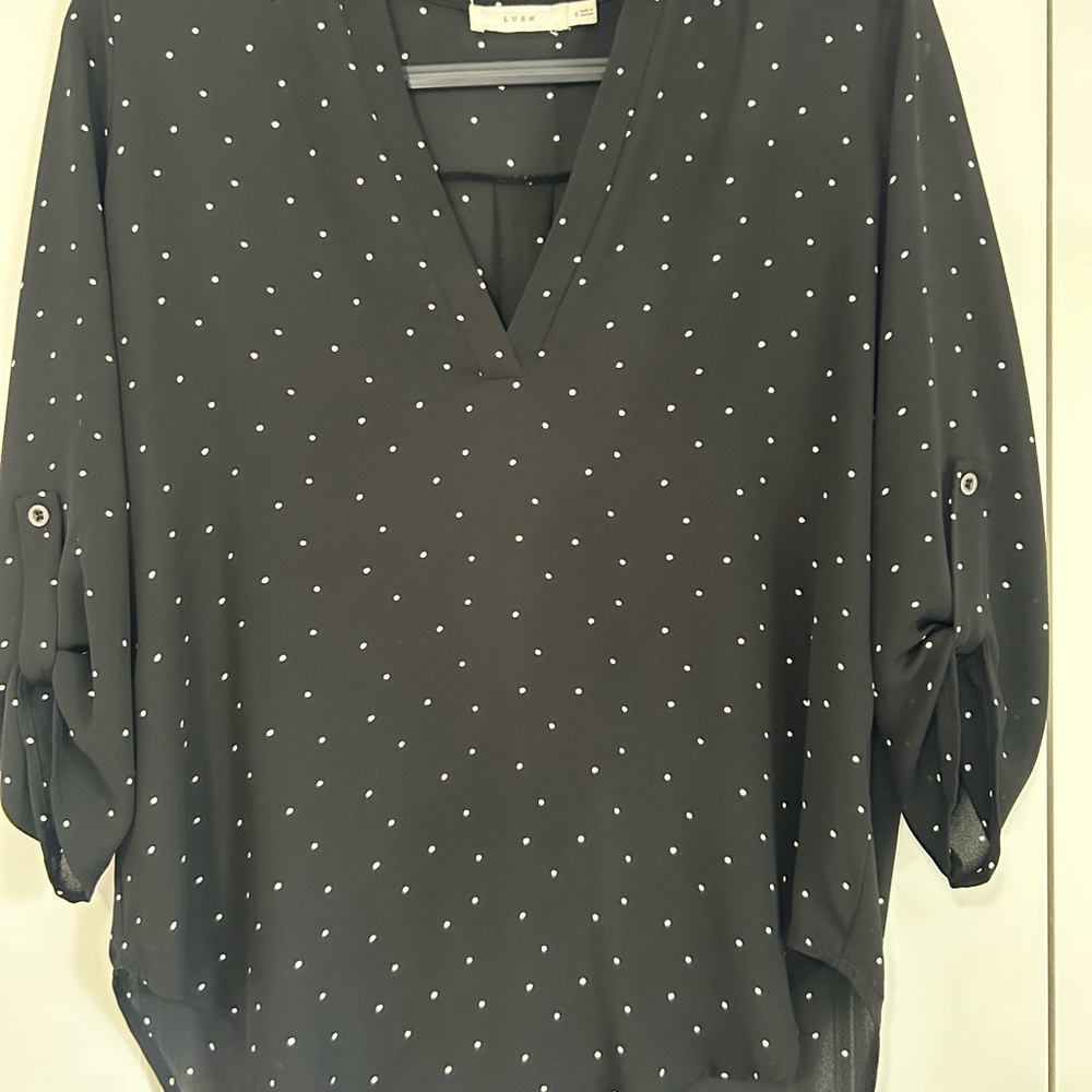 Lush Black with White Polka Dots, 3/4 Sleeve Relaxed Blouse - Picture 1 of 10